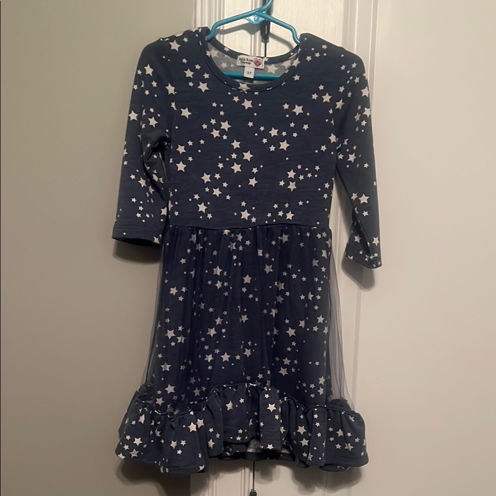 Blue Ruffled Tiered Sundress with 3/4 Sleeves